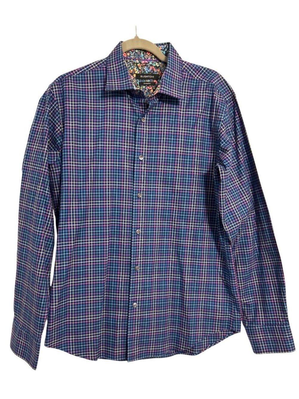 Bugatchi Men's L Check Print Long Sleeve Shirt Shaped Fit Multicolor Old money
